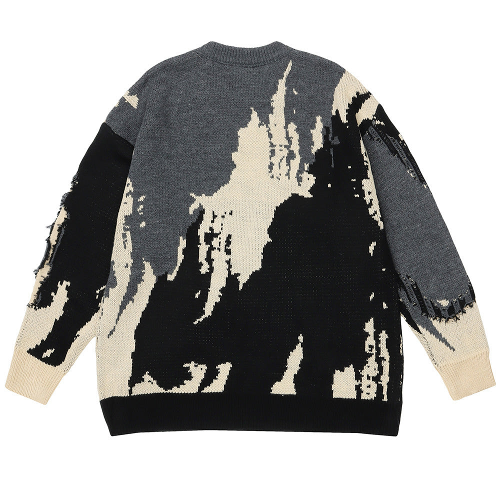 Men's Crochet Ripped Crew Neck Sweater