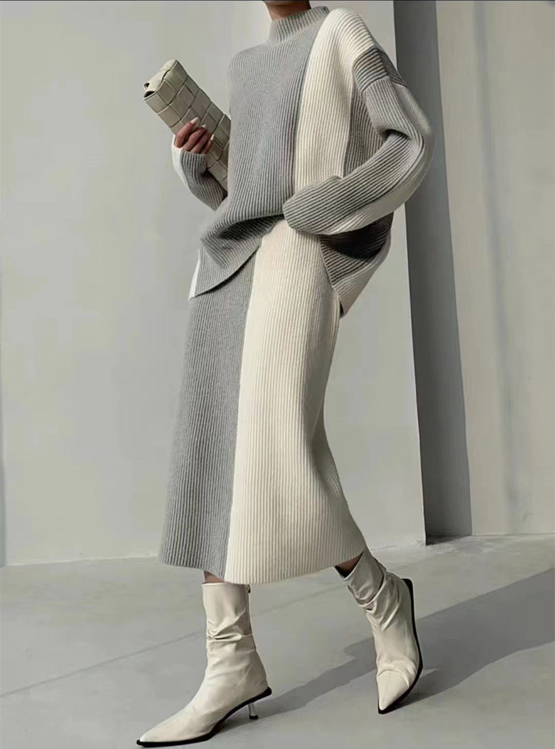 Color-block Design Sweater Skirt Set For Women