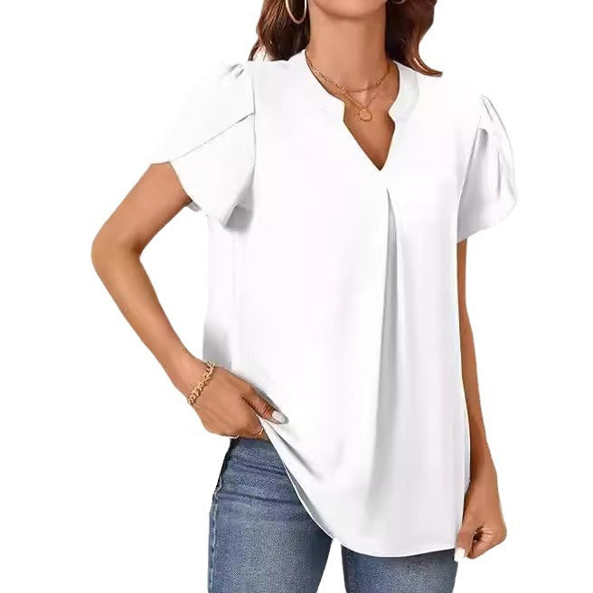 Kvinders enkle moderigtige løse V-hals t-shirt med kronbladsærmer og korte ærmer