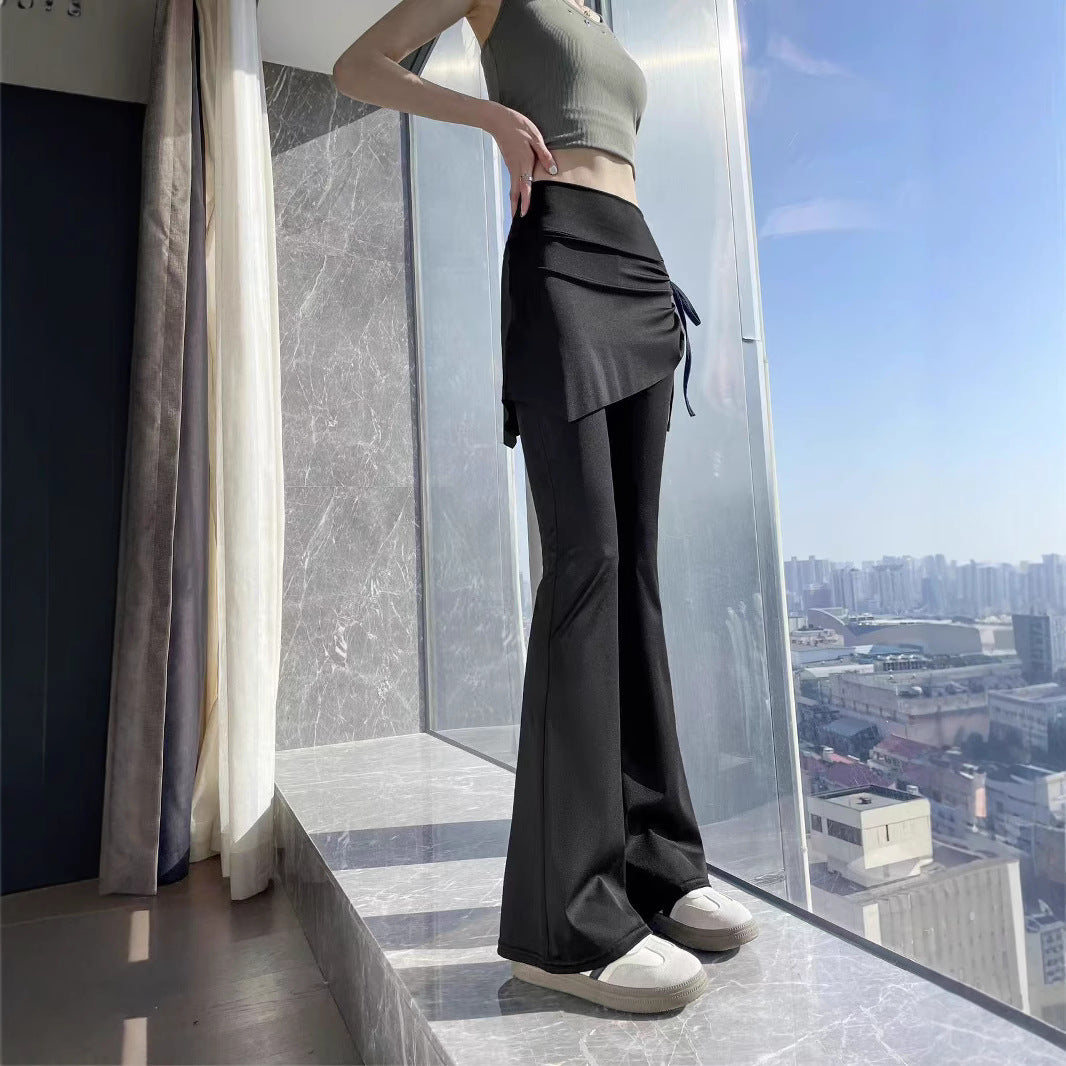 Womens Solid-Color Mock Two-Piece Cropped Flare Pants With Drawstring