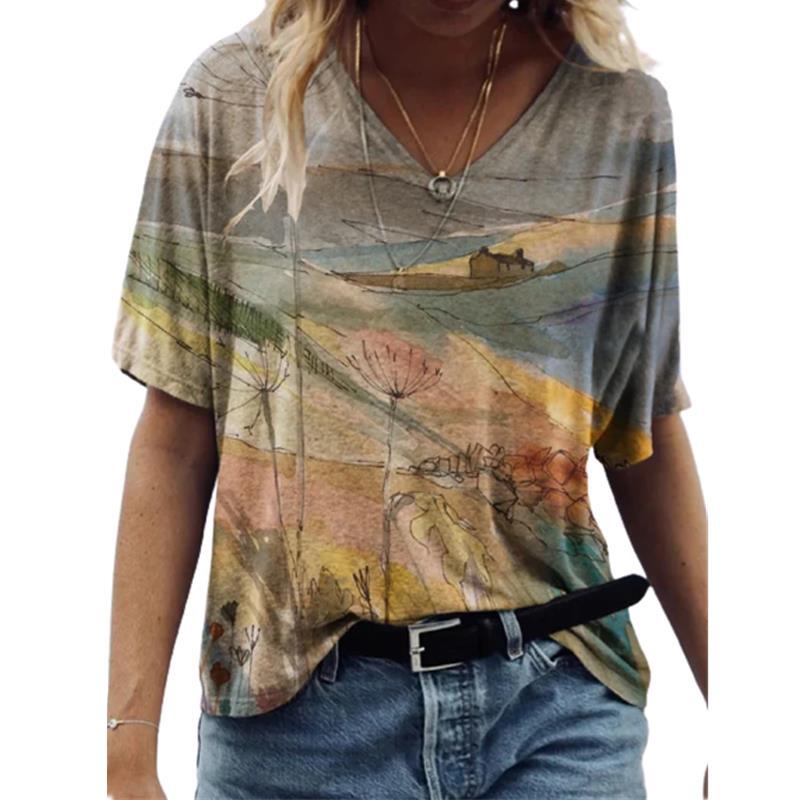 Blomsterprint Pullover V-hals Kortærmet T-shirt til Kvinder
