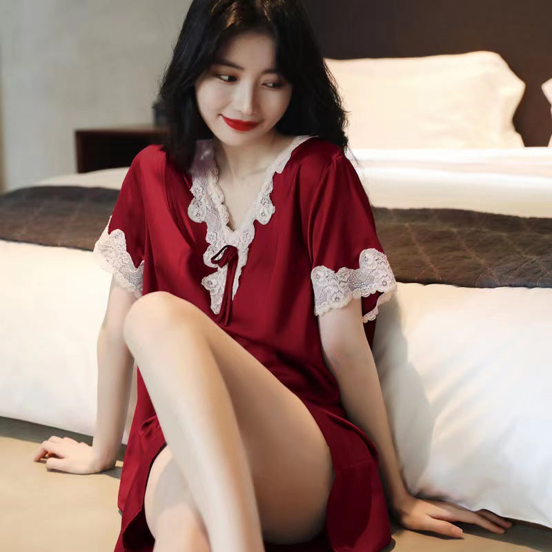 Womens Summer Ice Silk Loose Plus-Size Nightdress