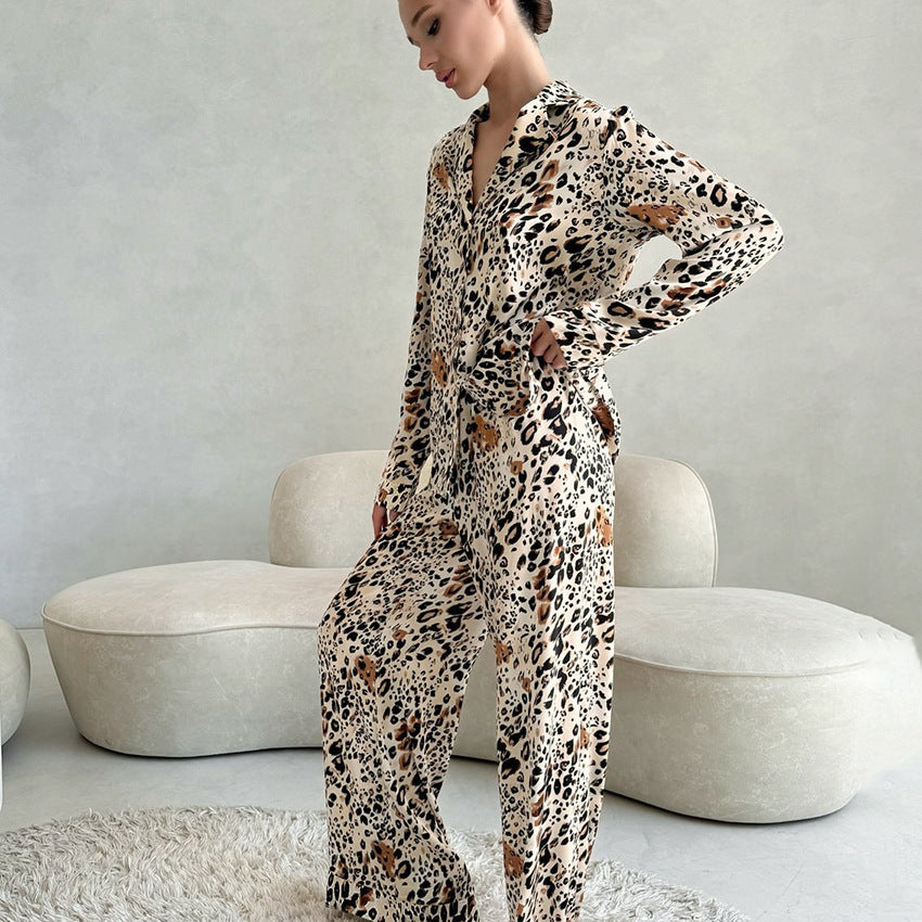 Leopard Print Floral Cardigan Pajamas For Women Long Sleeve Top And Pants For Lounging At Home