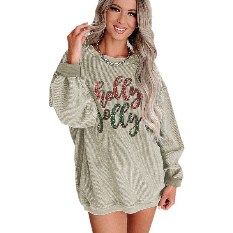 Round-neck Pullover Sequined Printed Loose Long Sleeves Top For Women