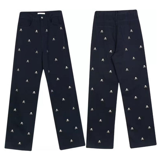 Female Tibetan Blue Skeleton Head Straight Tube Loose Relaxed Pants