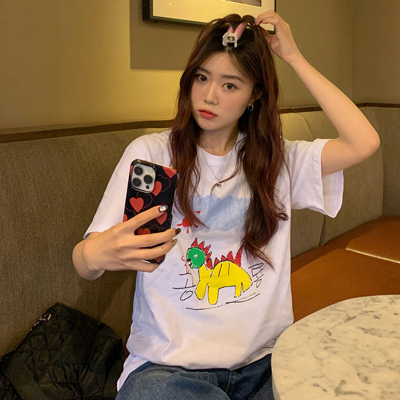 Cartoon Childlike Dinosaur Print T-shirt Women