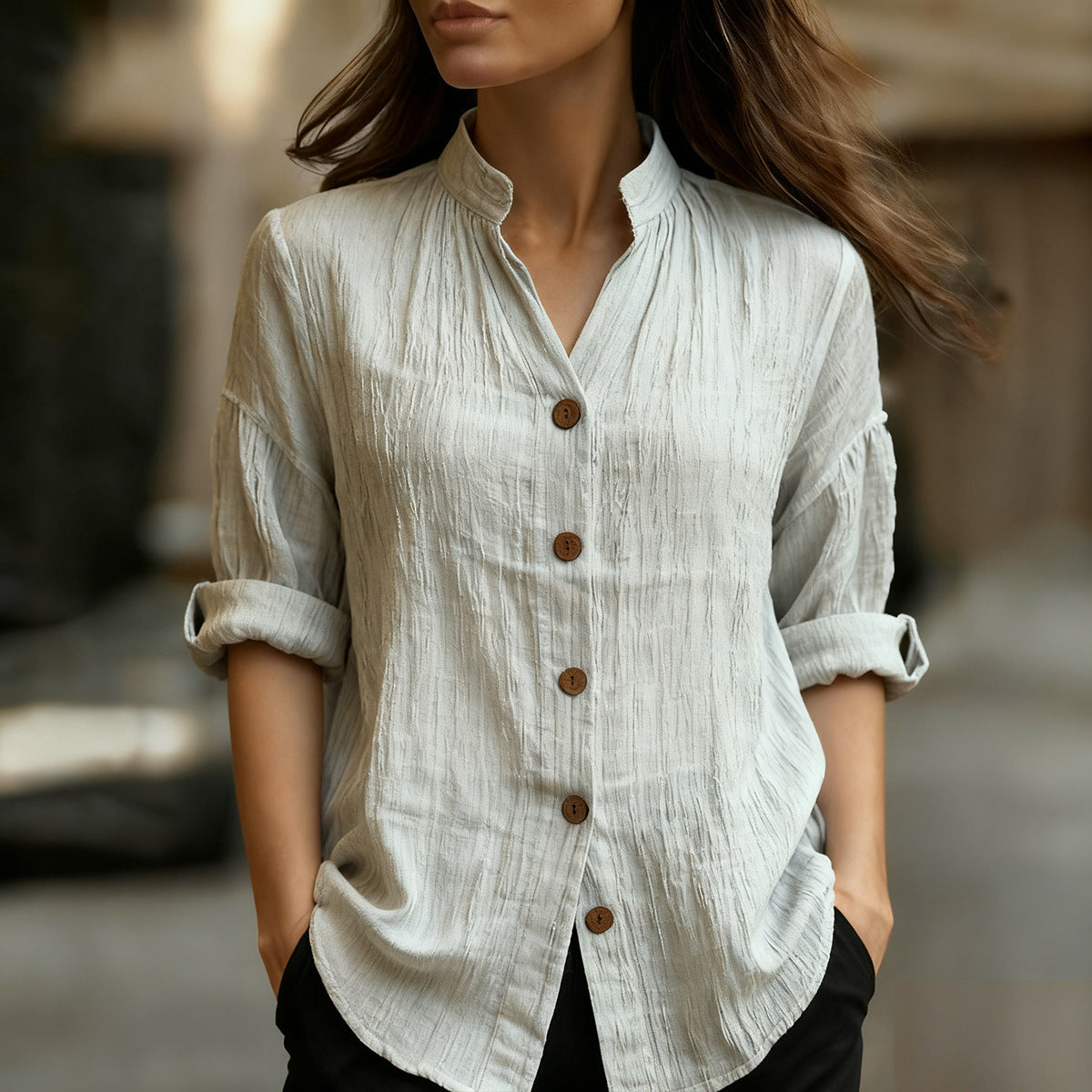 Spring And Summer Casual Solid Color Long Sleeve Button-up Shirt