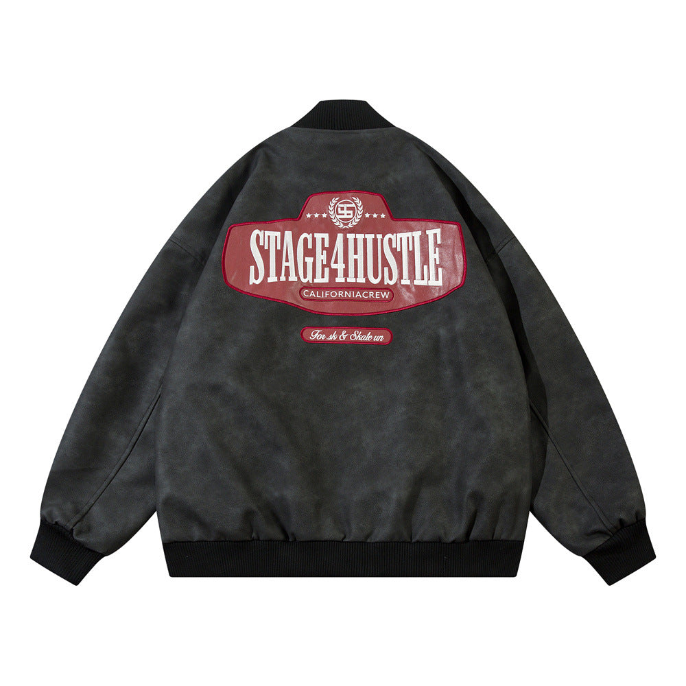 European And American-style Letter Affixed Cloth Embroidered Loose Pu Leather Baseball Uniform
