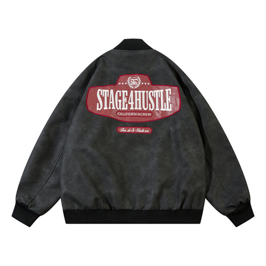 European And American-style Letter Affixed Cloth Embroidered Loose Pu Leather Baseball Uniform