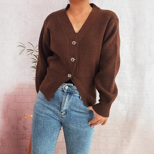 Commute Slim-fit Tight Waist Deep V-neck Metal Button Solid Color Knitted Cardigan Sweater
