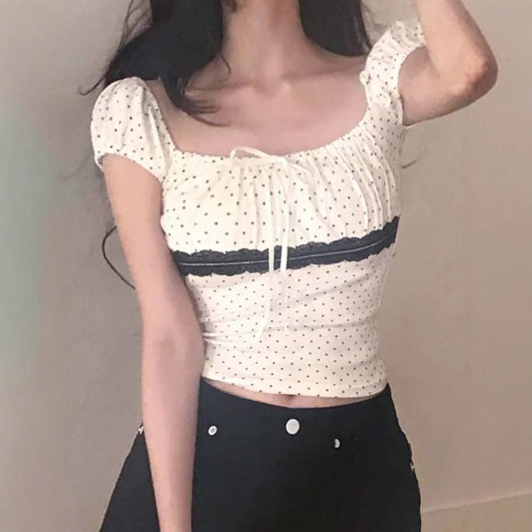 Women's Polka Dot Lace Stitching Tied Square Collar Short Sleeve Top