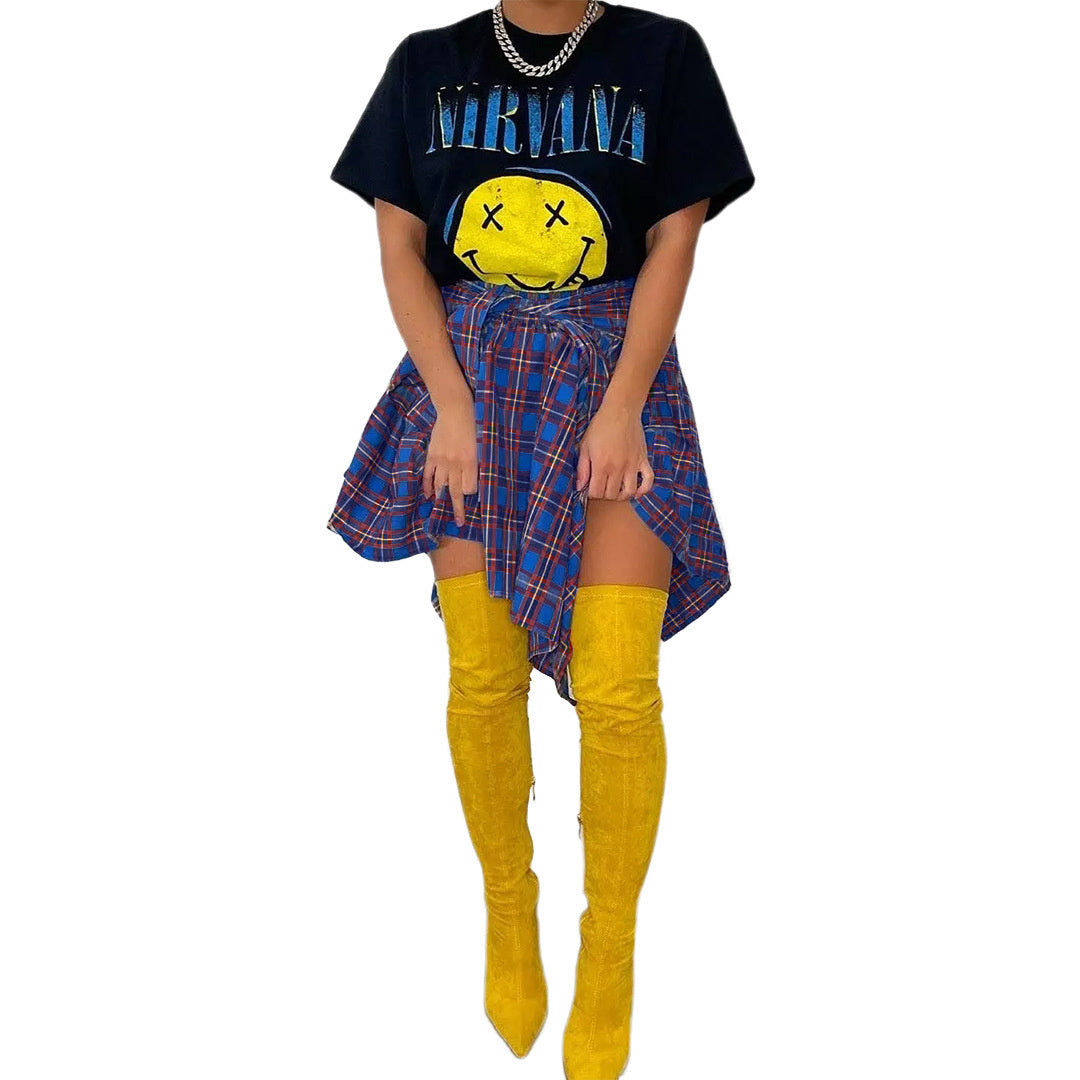 Women's Fashion Irregular Plaid Tied Sleeve Fake Shirt Skirt