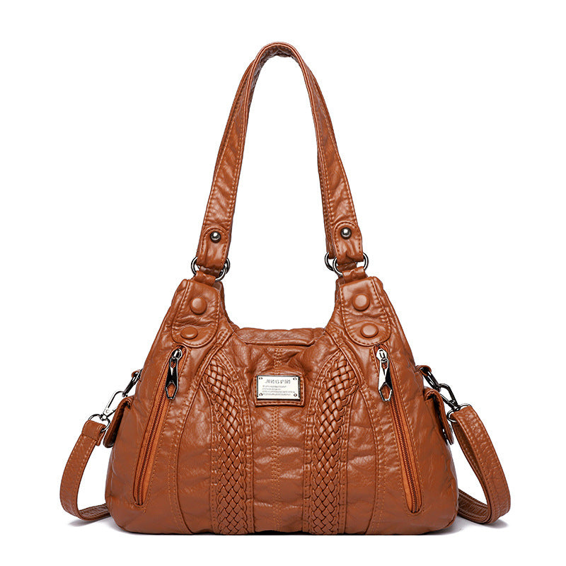 Real Washed Leather Woven Locomotive Commuter Large Capacity Soft Leather Portable Shoulder Bag For Women