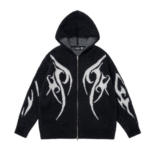 Totem Jacquard Contrast Color Hooded Zip Sweater