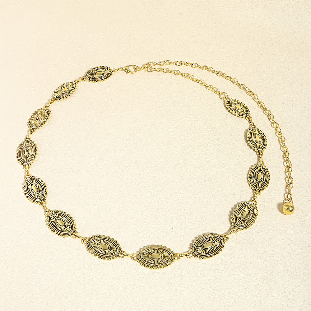 Retro National Style Carved Ancient Gold And Silver Metal Waist Chain Sexy Elegant Women's Dress Senior Sense Decorative Belt