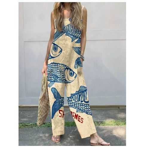 Sweet Retro Printed Women's Suspender Trousers
