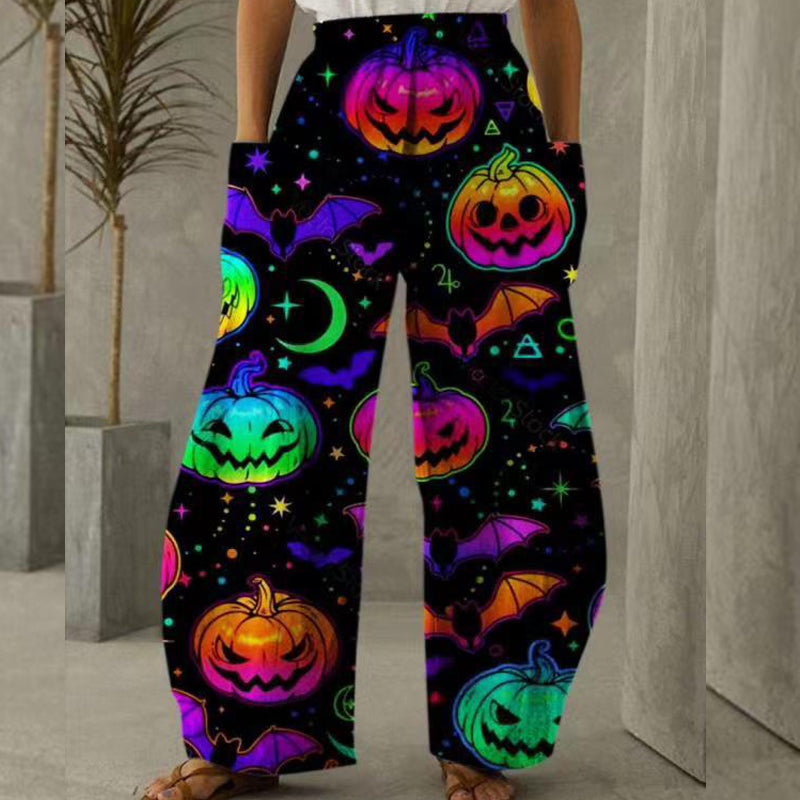 Summer Retro Elements 3D Printed Wide-leg Trousers Elastic Waist Comfortable Home European And American