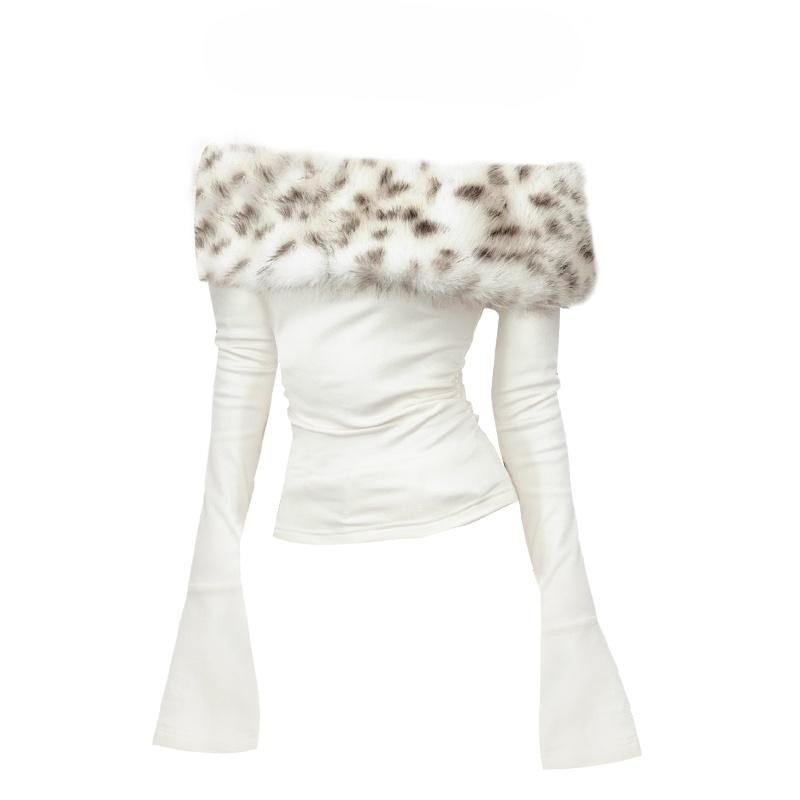 Womens American-style Turtleneck Off-shoulder Long-sleeve T-shirt With A Fur Collar