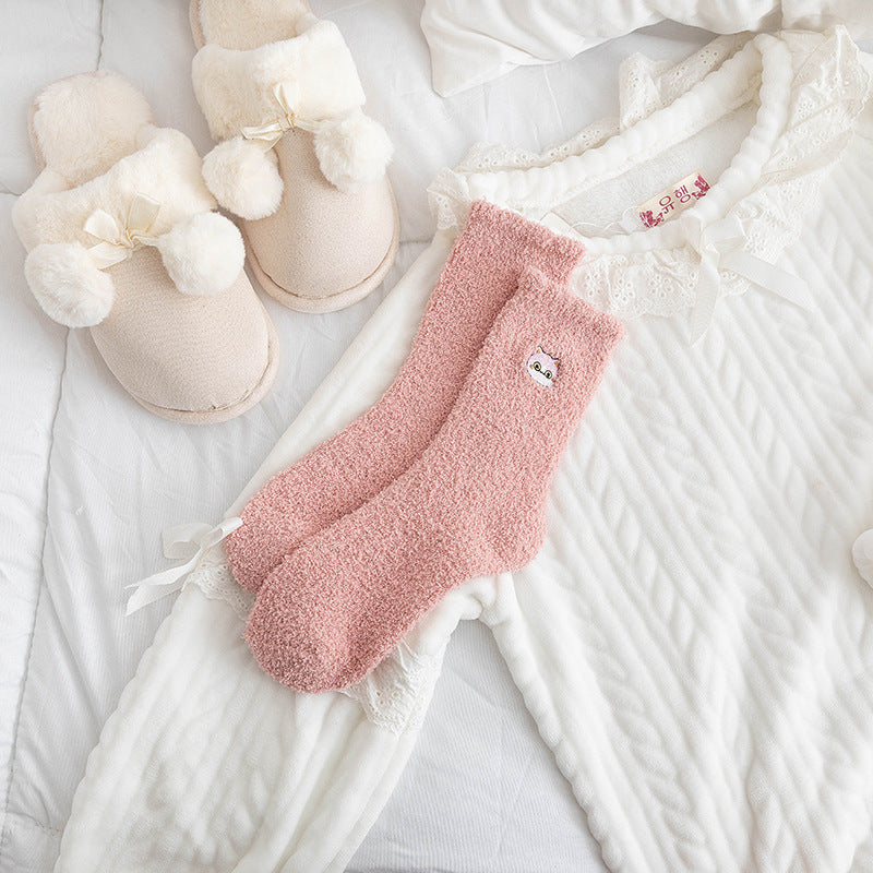 Half Velvet Socks Embroidered Squirrel Middle Tube Thick Warm Towel Socks