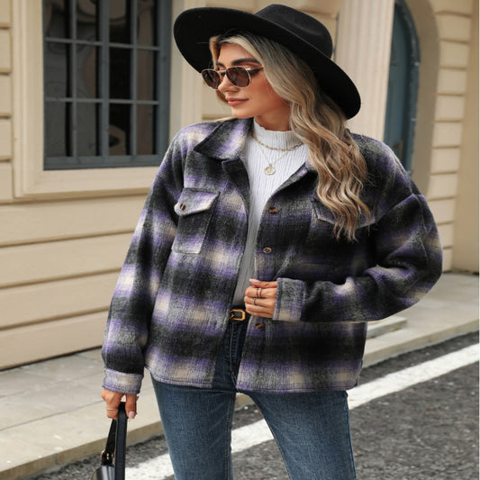 Polo Collar Stripes Plaid Pocket Loose Long-sleeved Woolen Coat