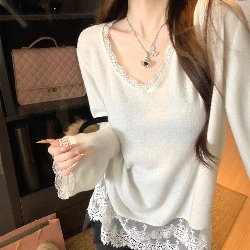Lace Patchwork Long Sleeve V-neck Loose Stylish Women's Top