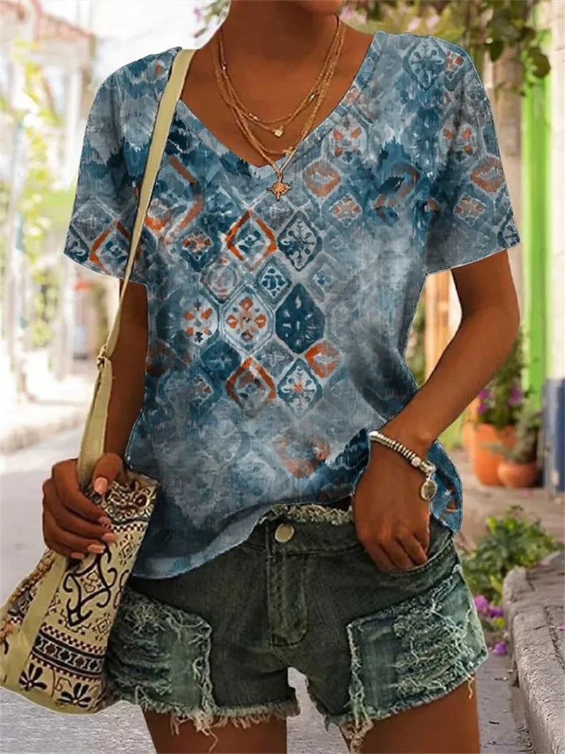 Women's Geometric Pattern Printed Short-sleeved V-neck Casual T-shirt