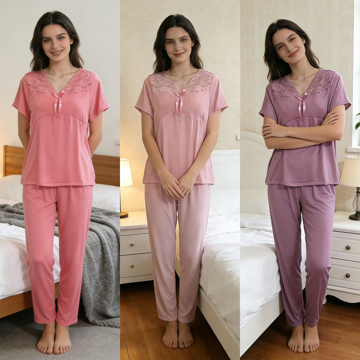 Womens Lace Bow-Knot Short-Sleeve Pants Two-Piece Pajama Set