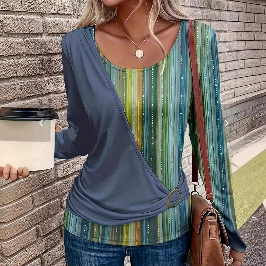 New Round Neck Stitching Printing Casual Long Sleeve Loose T-shirt
