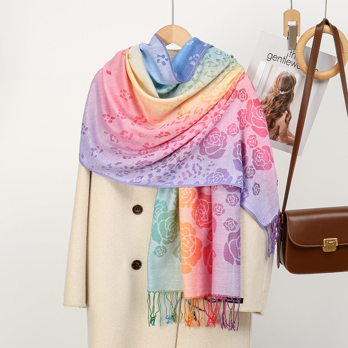 Womens Ethnic-Style Gradient Embroidered Colorful Cashew Tassel Shawl