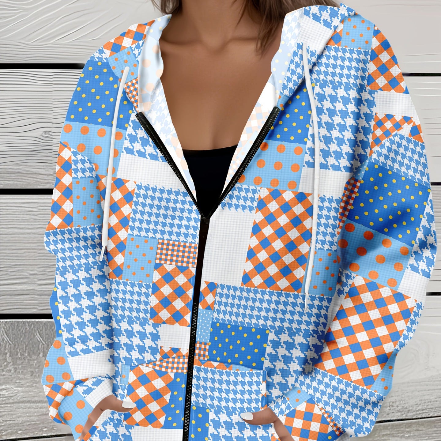 Casual All-matching Fashion Trendy Plaid Stitching Breathable Zipper Sweater
