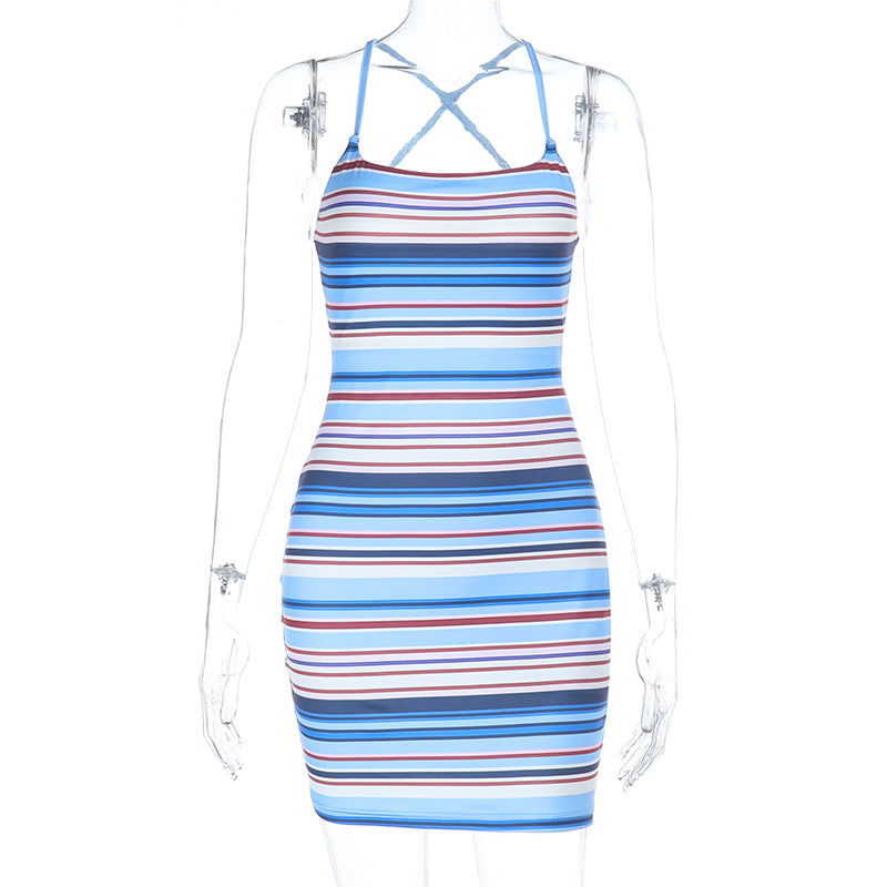Sexy Chic Girl Personalized Contrasting-Color Striped Backless Dress