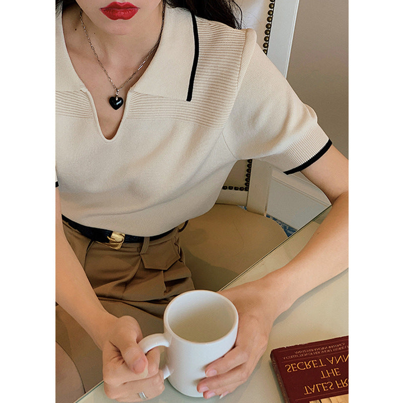 Polo Collar College Style Ice Silk Knitted Short Sleeved T-shirt Women