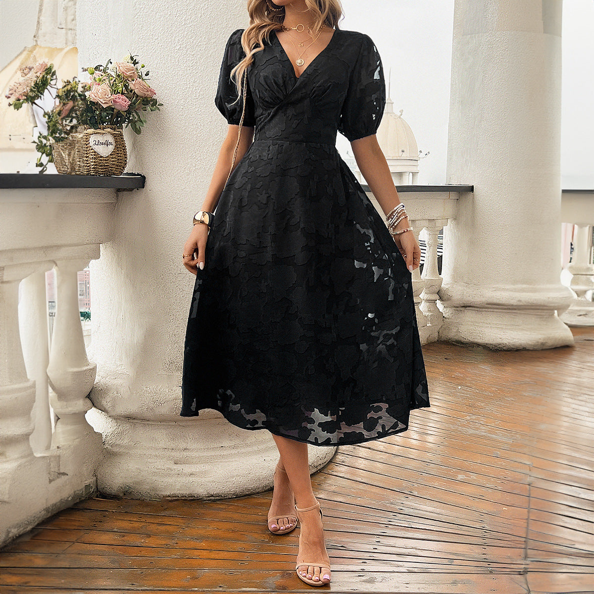 V-hals Højtaljet Vintage Elegant Kjole