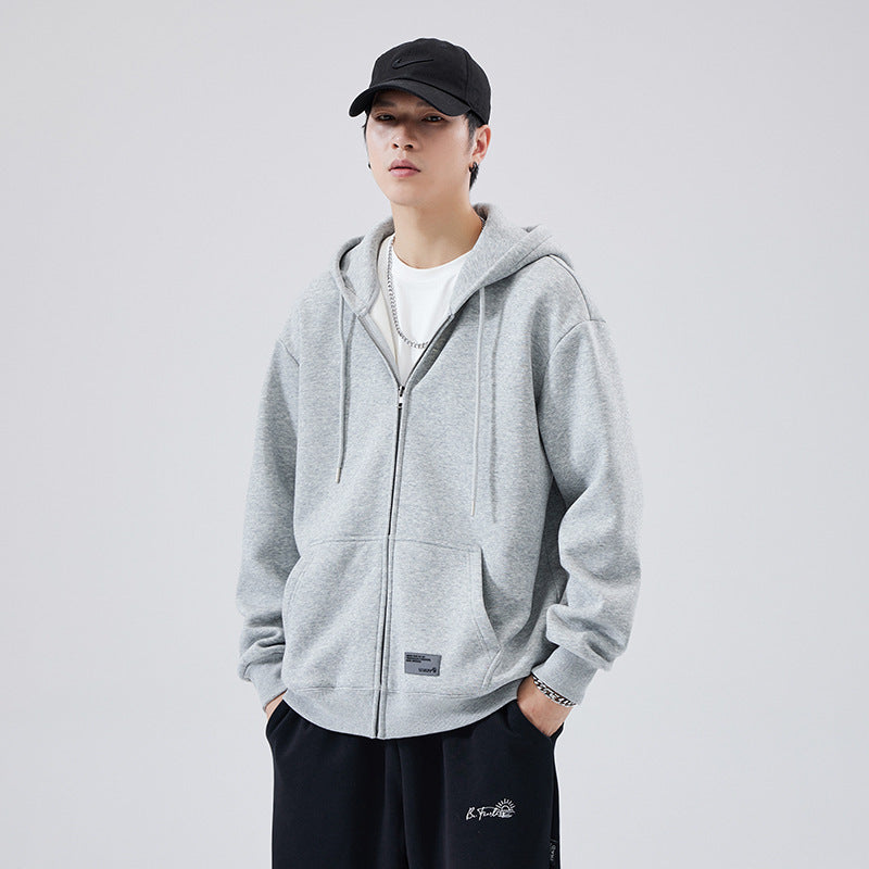 Efterårs- og vinterfleece lynlås sweater hættetrøje løs sports-casual cardigan til mænd