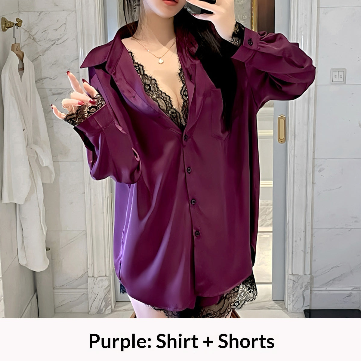 Ziqu Womens Plus-Size Lace Fake Two-Piece Pajama Set