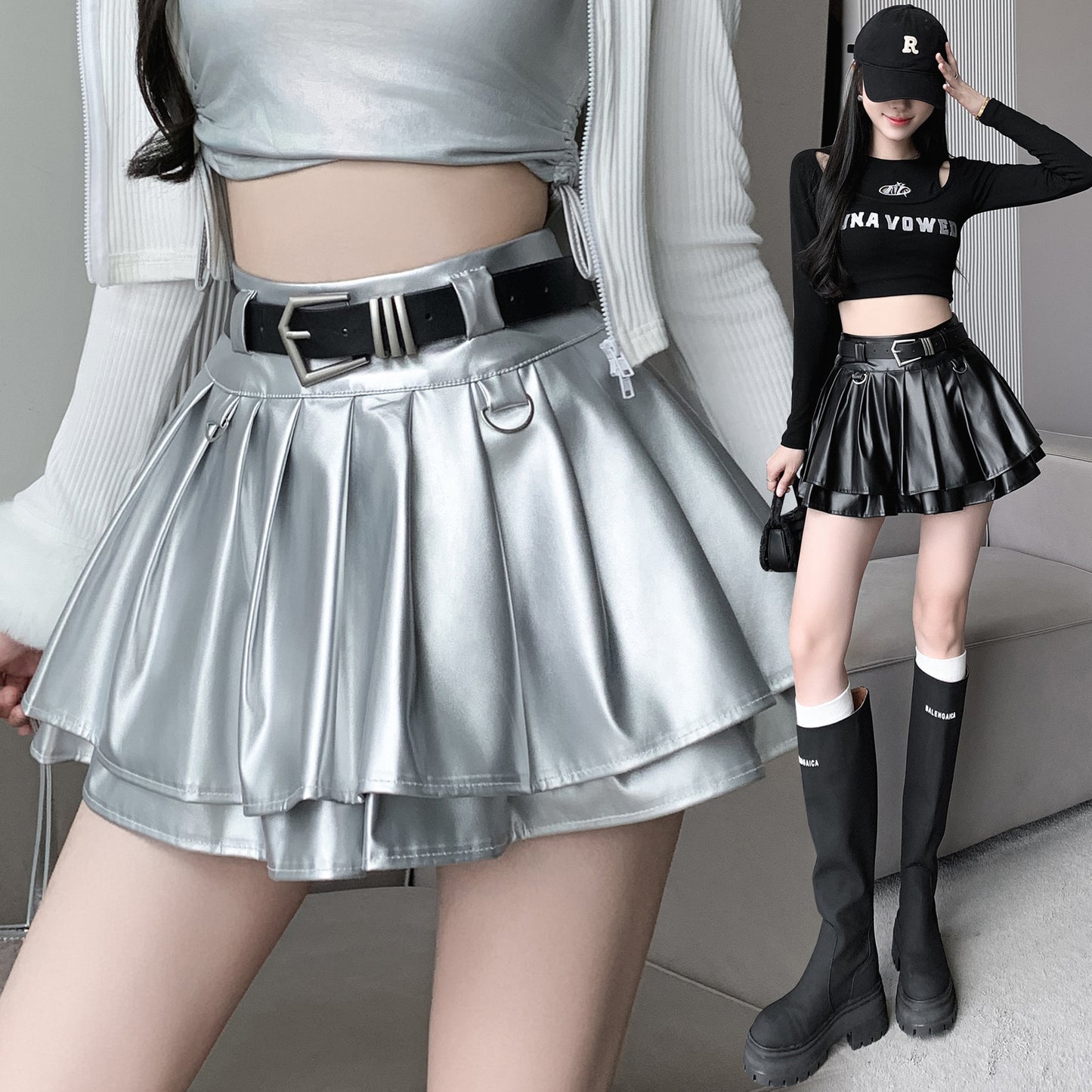 Silver Pleated Skirt For Women Early Slightly Elastic