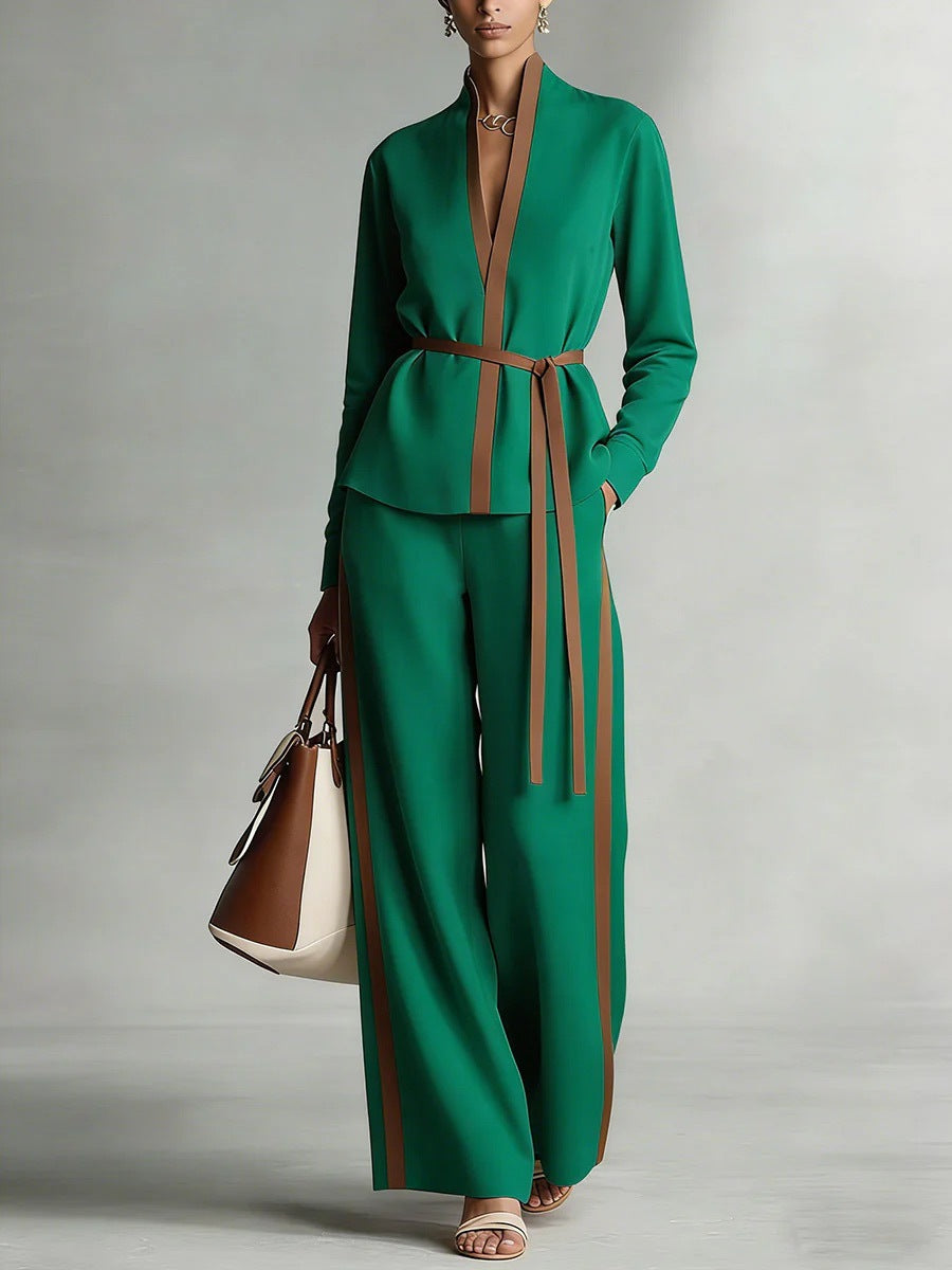 Women's Casual Patchwork Cardigan Shirt And Wide-Leg Pants Set