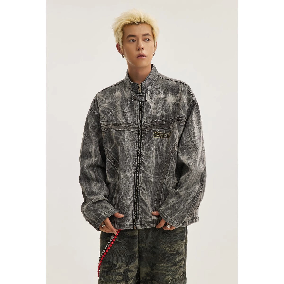 American High Street Distressed Graffiti Patterned Denim Jacket