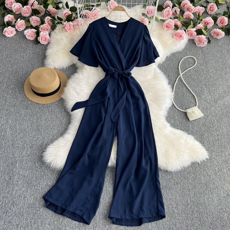 Retro Fashionable Temperament V-neck Short-sleeved Waist Jumpsuit