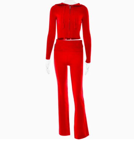 Style Cross-border Knitted Hooded Suits Fashion Sexy High Waist Long Sleeves Trousers Two-piece Set