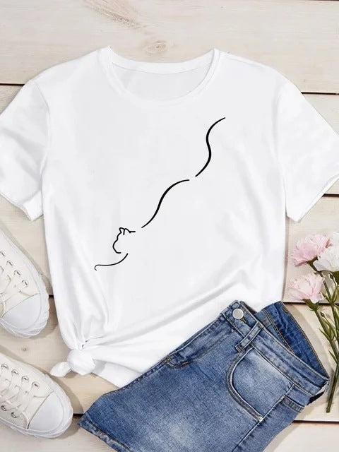 Womens Heart-Shaped Cat Crew-Neck Printed Short-Sleeve Top
