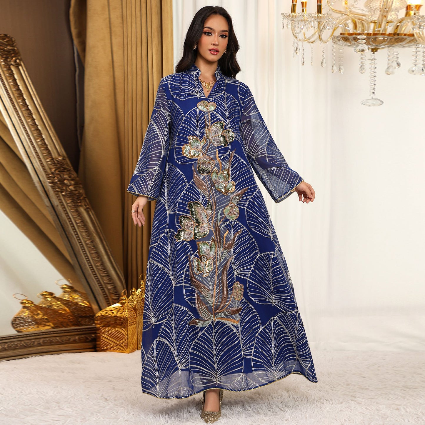 Womens Fashion Mesh Embroidered Long-Sleeve Dress