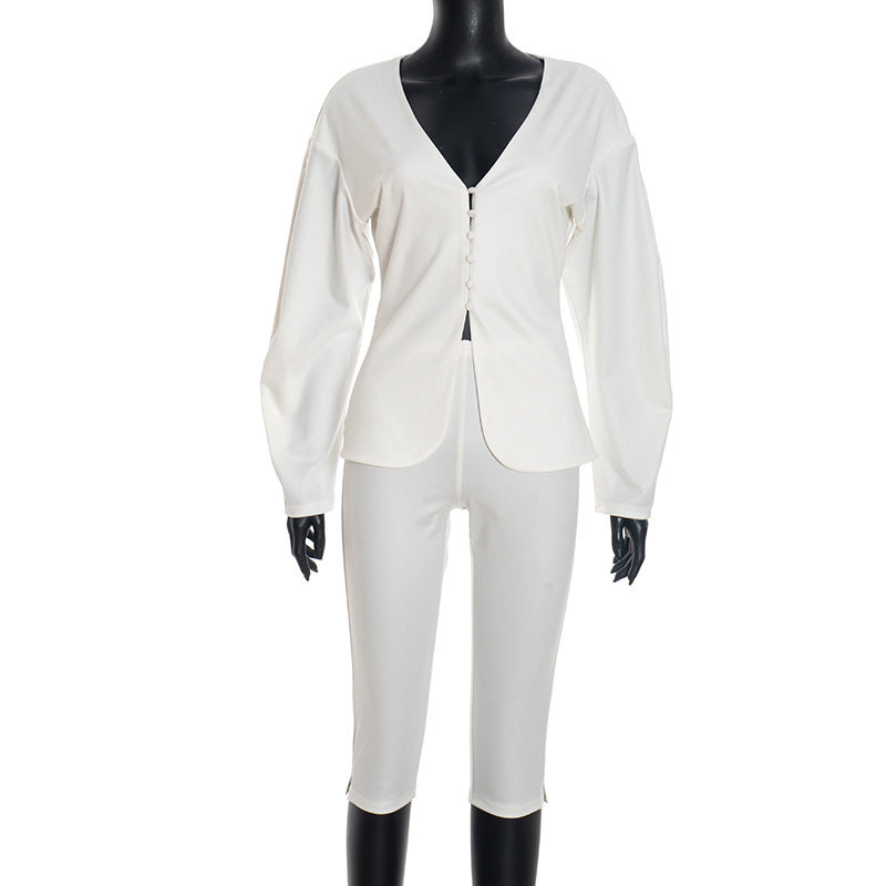 Womens Two-Piece Suit Long-Sleeve Defined-Waist V-Neck Blazer And PantsSkirt Set