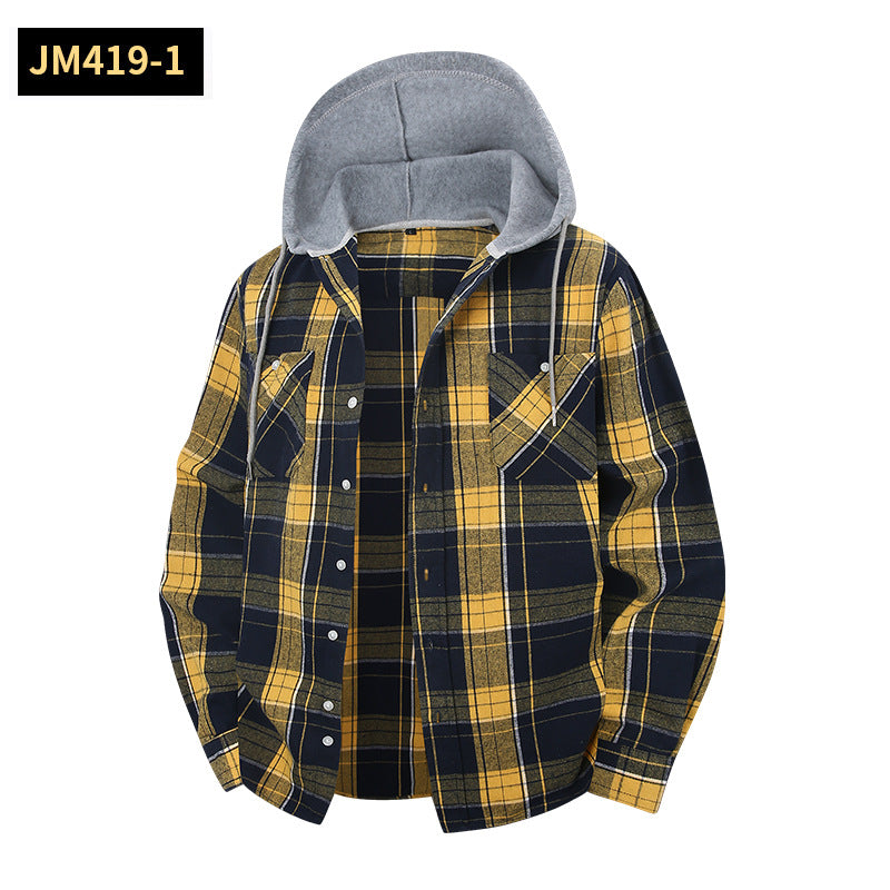 Men's Plaid Shirt Casual Hooded Jacket With Two Pockets