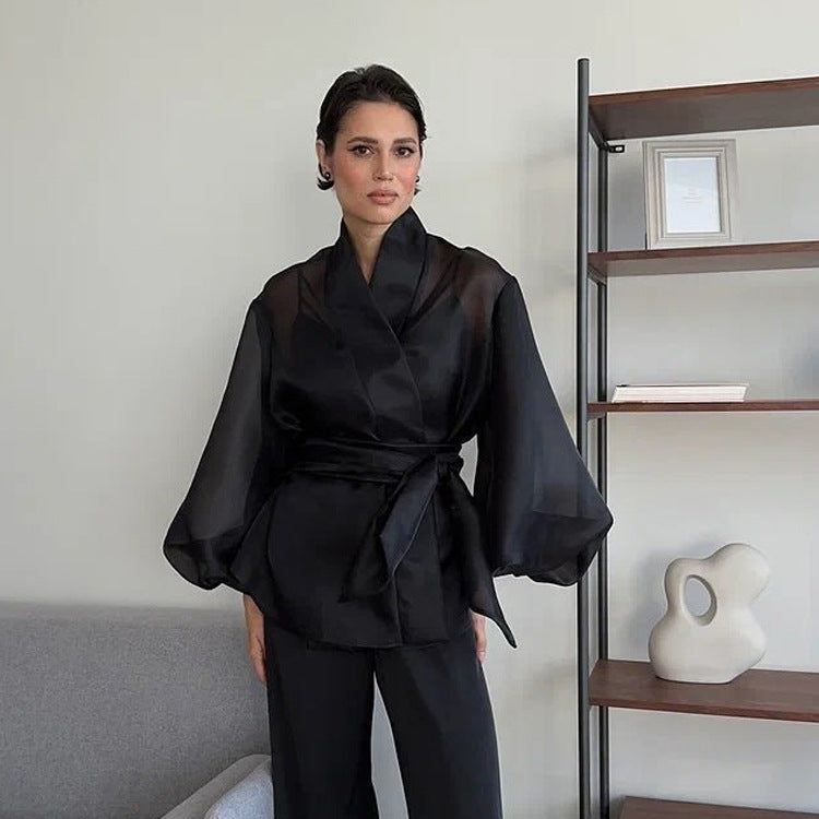 Black Sheer Puff Sleeve V-neck Tie-front Top