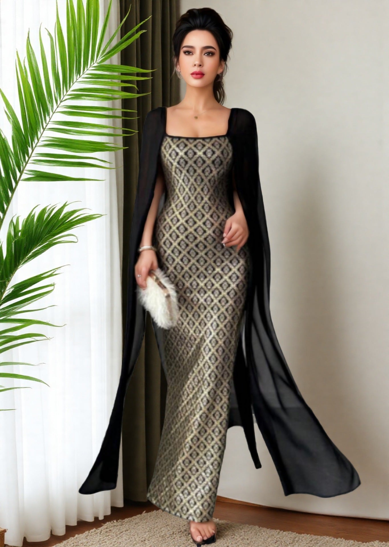 Womens Retro, Opulent Square-Neck Backless Elegant Muslim Dress For Banquets And Parties