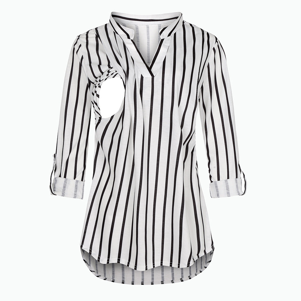 Plaid Printed Pregnant Woman Breastfeeding V-neck Long Sleeve Top