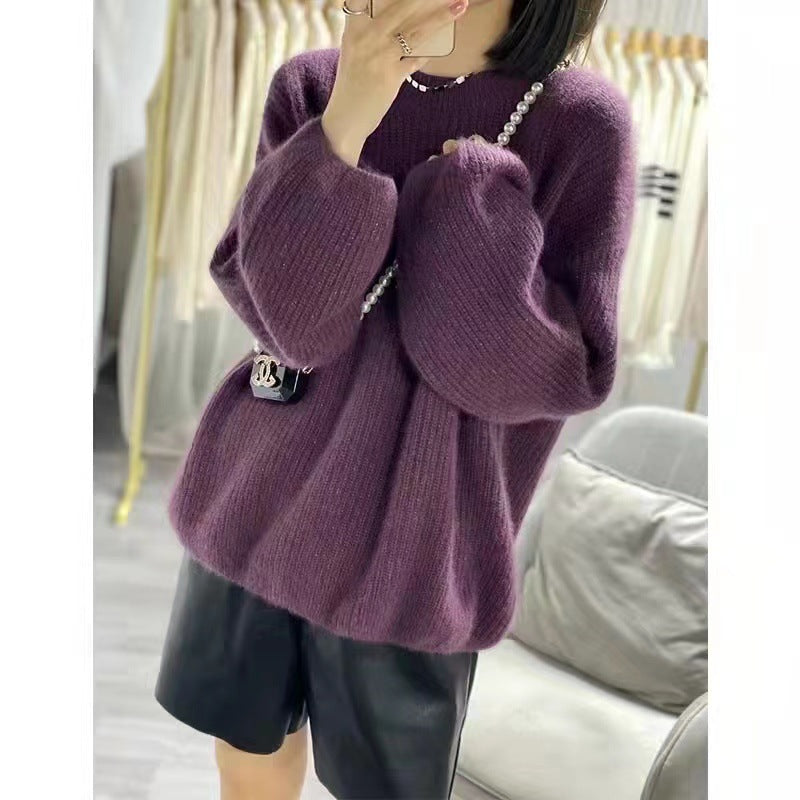 Round Neck Lantern Sleeve Knitted Sweater Lazy Style