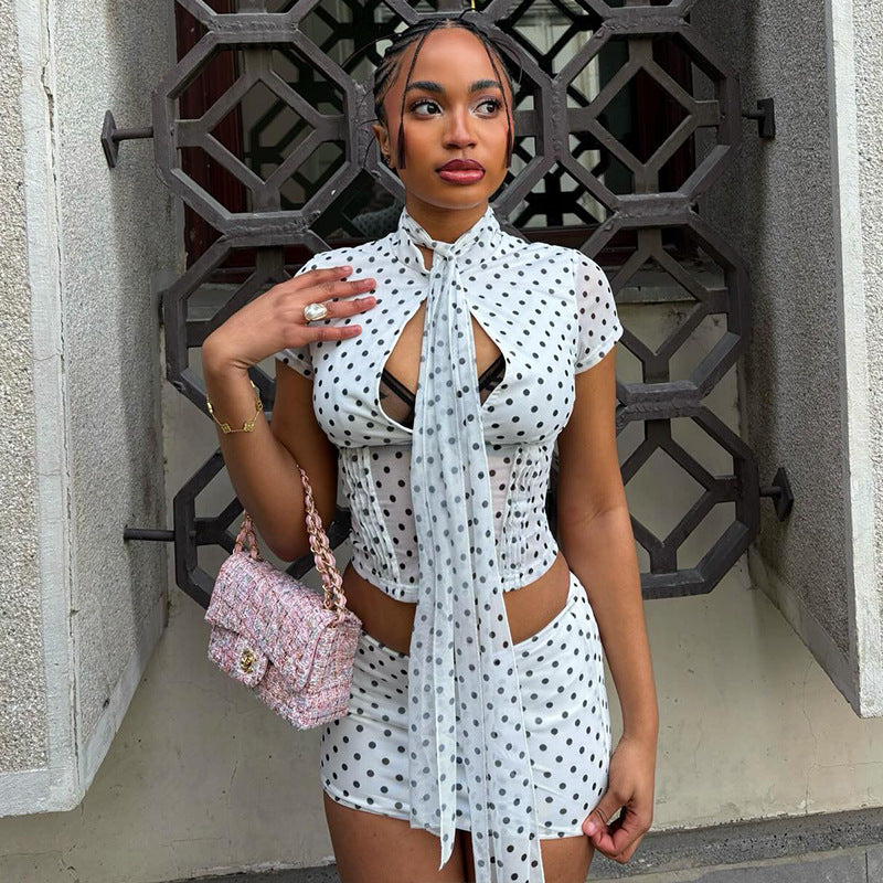 Design Short-Sleeve Skirt Set Halter Neck Tie-Dye Polka Dot Two-Piece Set