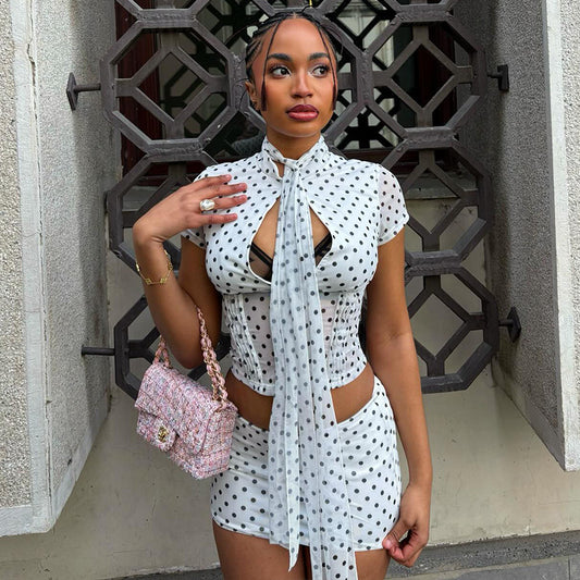 Design Short-Sleeve Skirt Set Halter Neck Tie-Dye Polka Dot Two-Piece Set